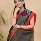 Coal Black Pure Linen Handloom Saree With Florals - 007
