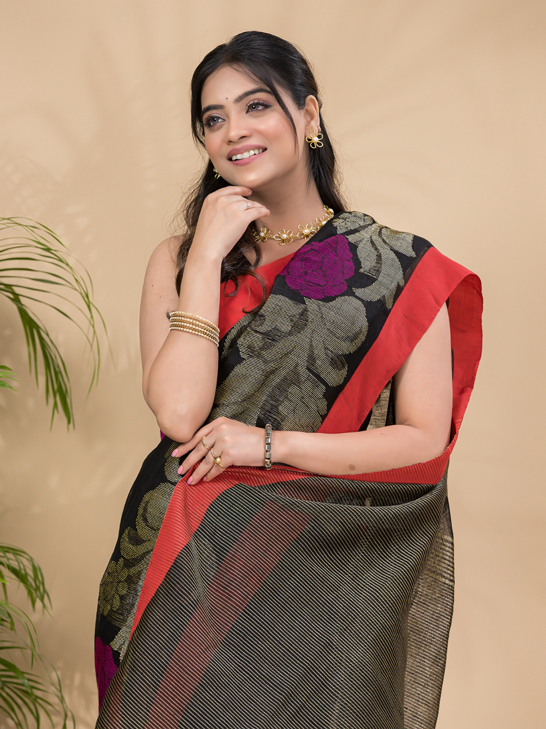 Coal Black Pure Linen Handloom Saree With Florals - 007
