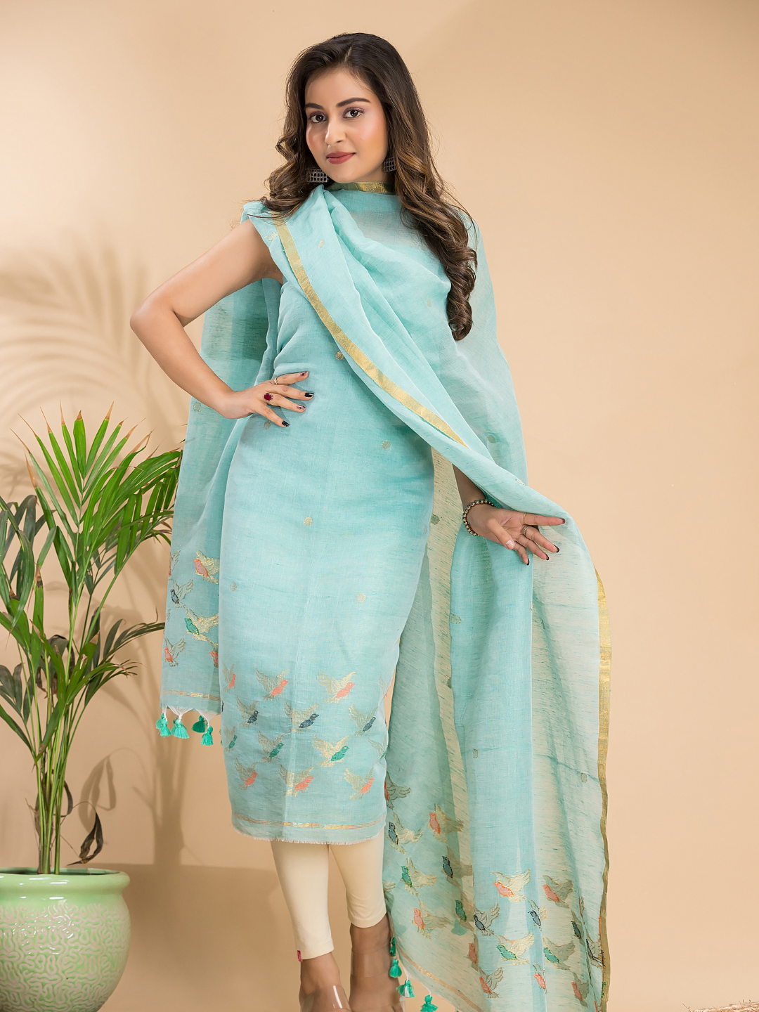 Sky Blue Cotton Linen 2-Piece Set Kurti & Dupatta (UNSTITCHED) - 117