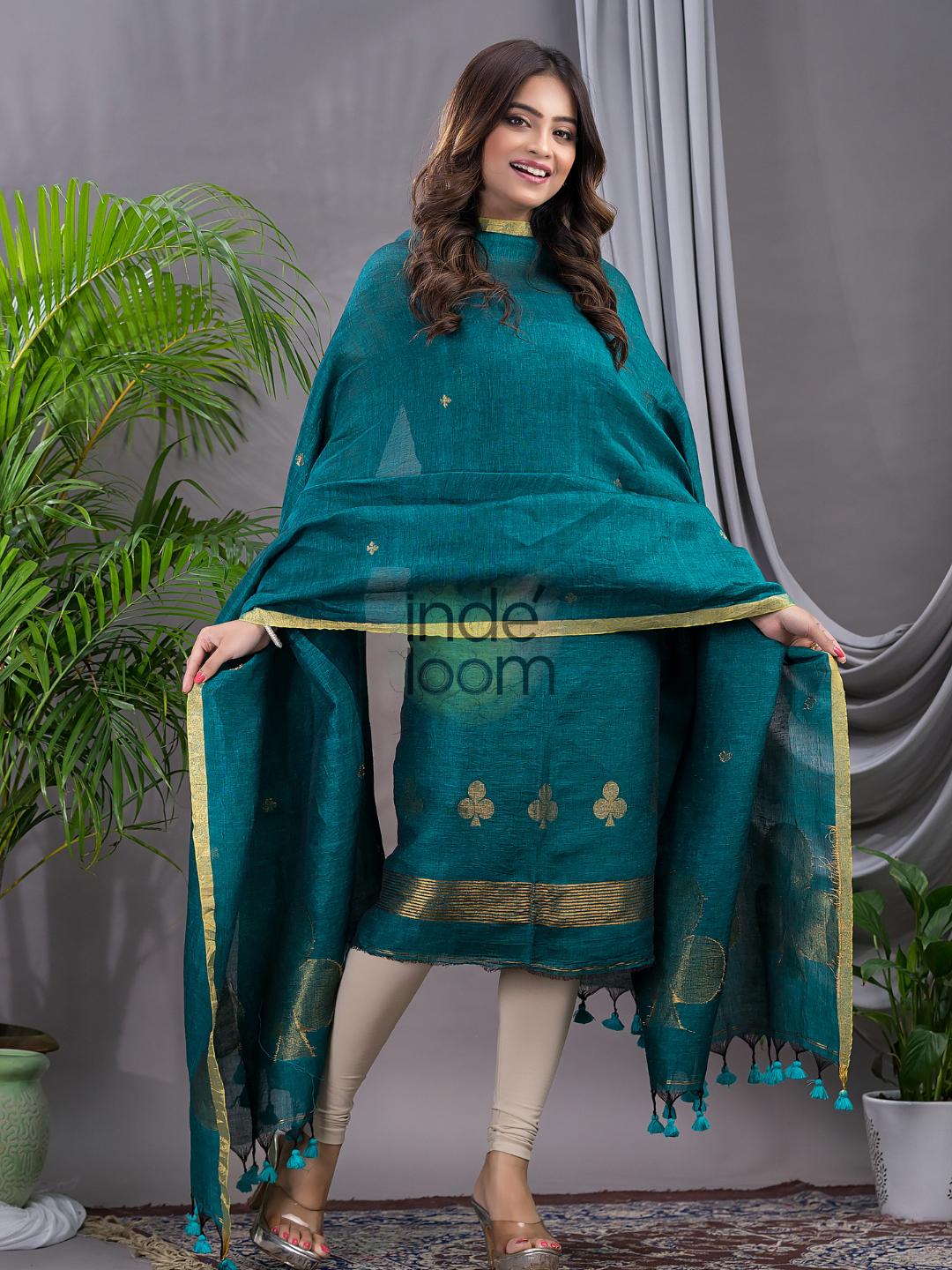 Teal Blue Cotton Linen 2-Piece Set Kurti & Dupatta (UNSTITCHED) - 121