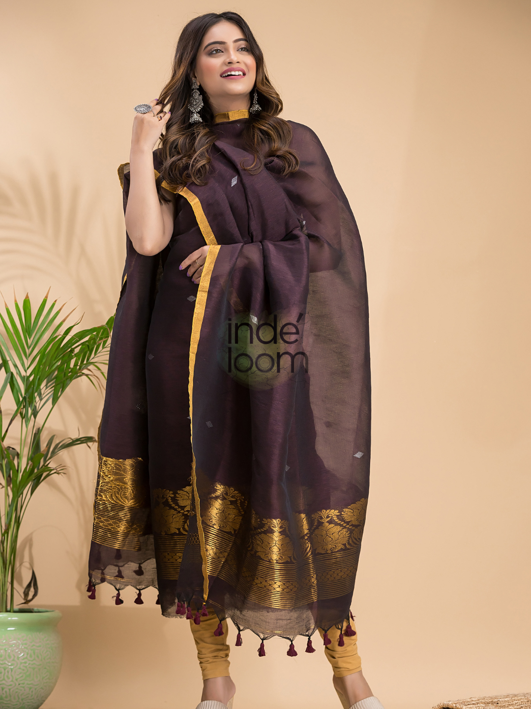 Vintage Grape | Handloom Jamdani Linen Unstitched 2-Piece Kurti | Benaras Design