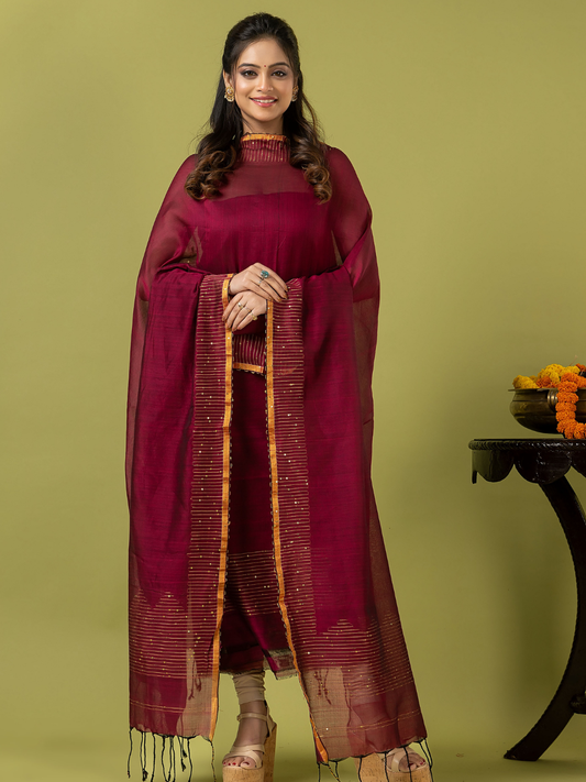 Handwoven Jamdani cotton Unstitched 2-piece Kurti | Wine Red
