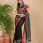 Coal Black Pure Linen Handloom Saree With Florals - 007