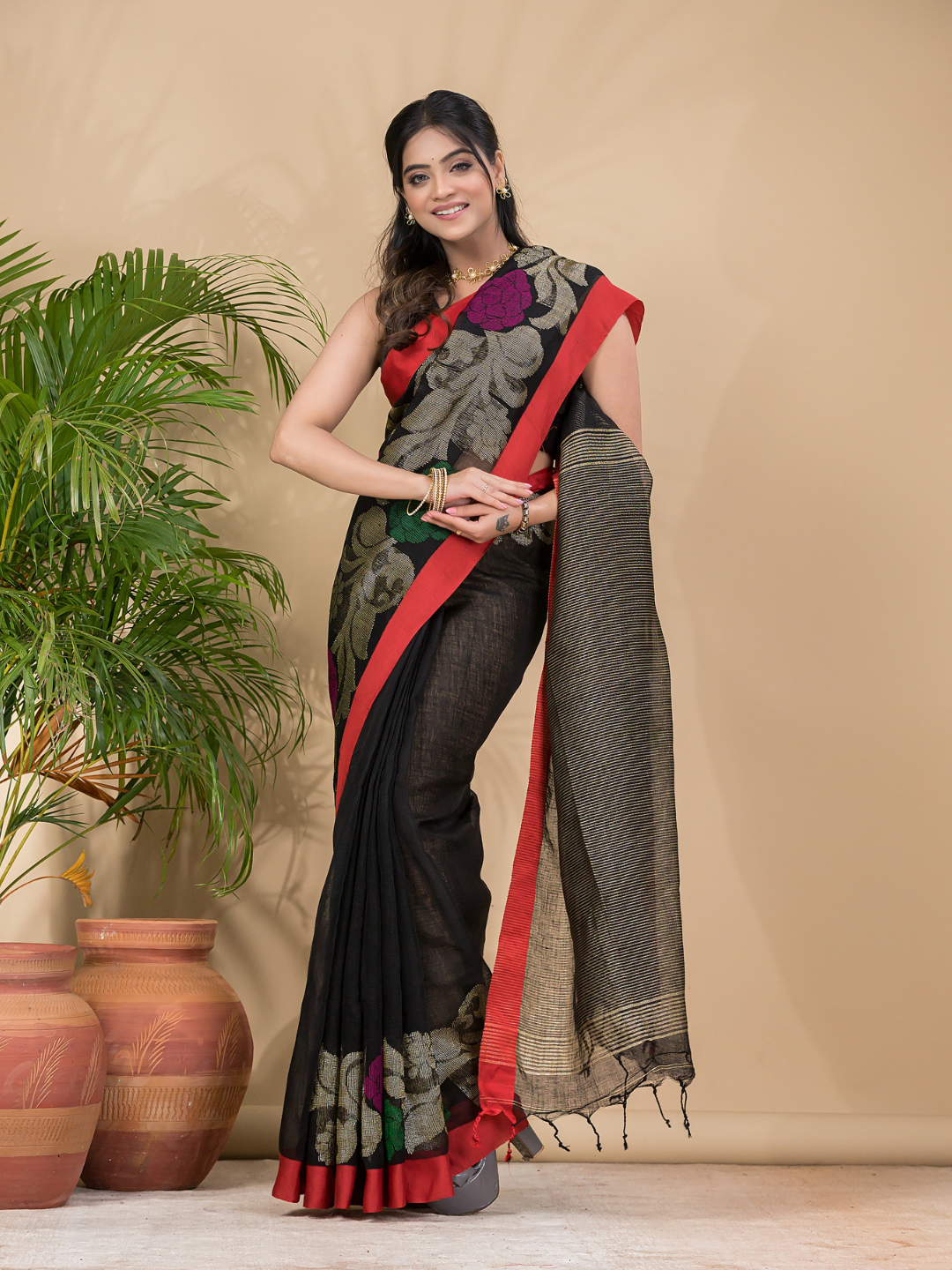 Coal Black Pure Linen Handloom Saree With Florals - 007