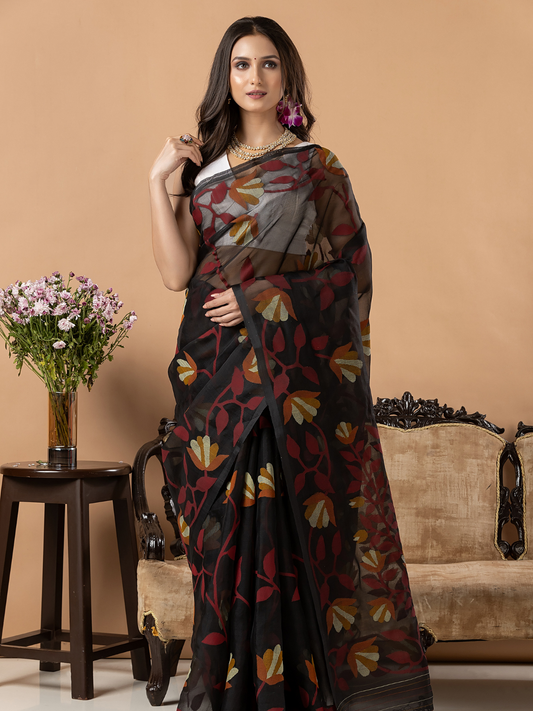 Handwoven Jamdani Muslin Saree | Jet Black