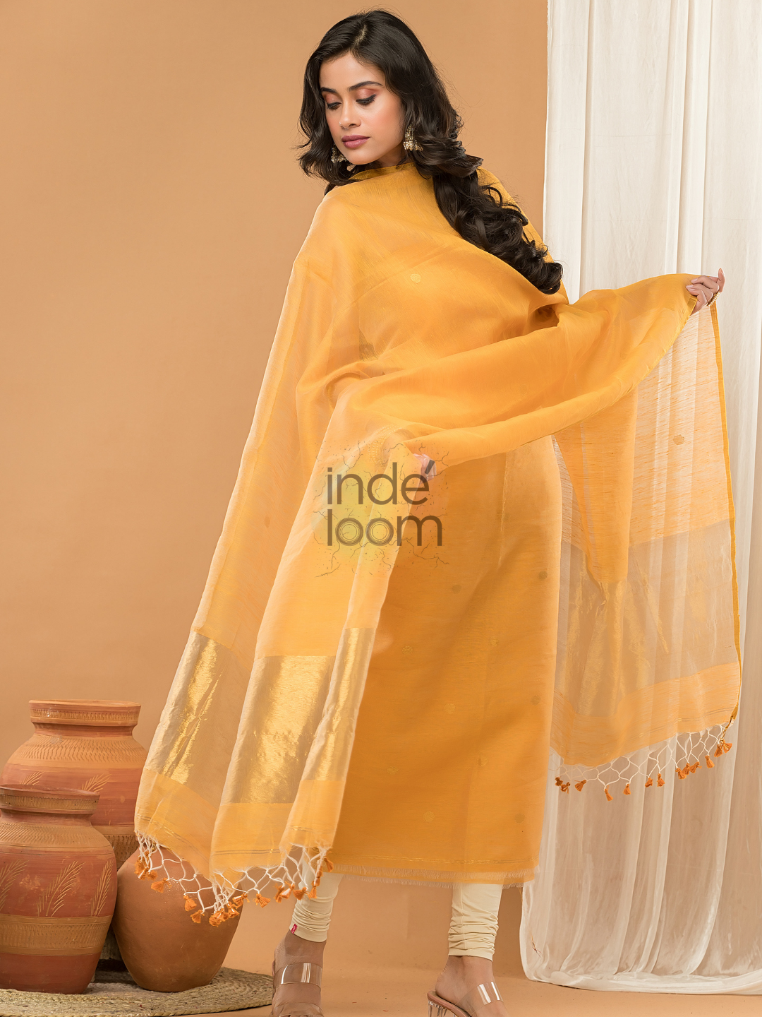 Linen Jamdani Unstitched 2-Piece Kurti  |  Marigold Yellow