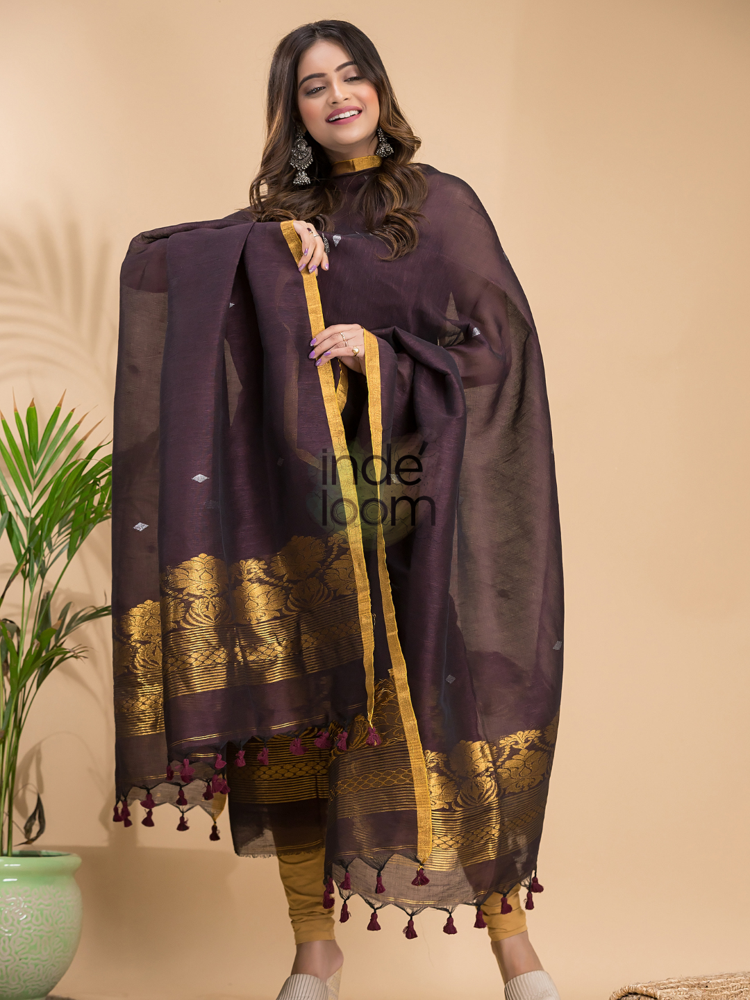 Vintage Grape | Handloom Jamdani Linen Unstitched 2-Piece Kurti | Benaras Design