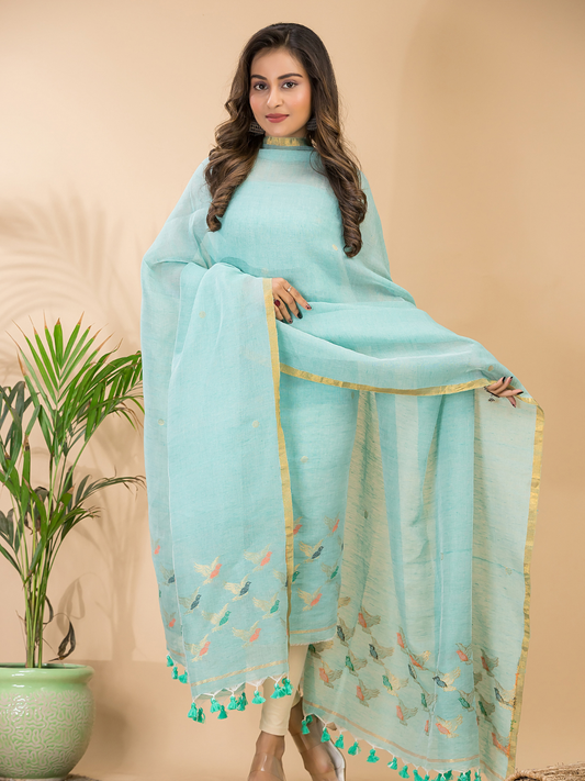 Handwoven Jamdani Cotton Linen Unstitched 2-piece Kurti  |  Sky Blue