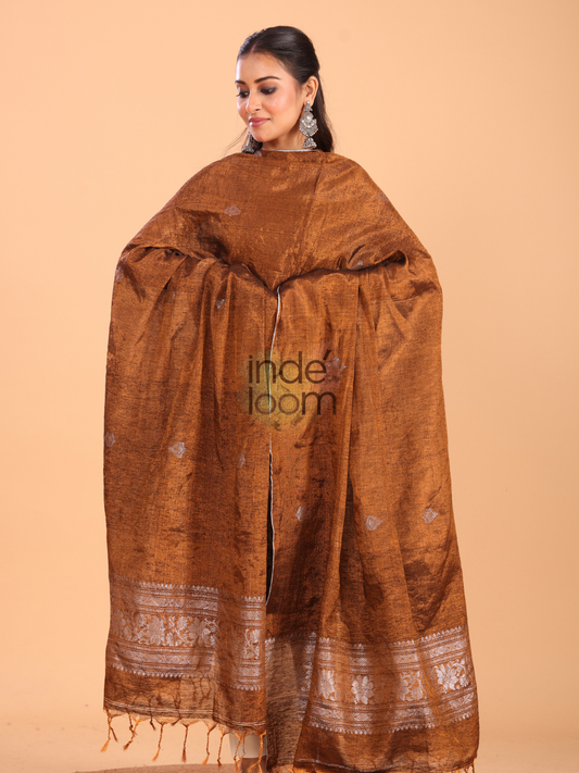 Umber Brown Tissue Linen Jamdani 2-Piece Set Kurti & Dupatta (UNSTITCHED) - 091
