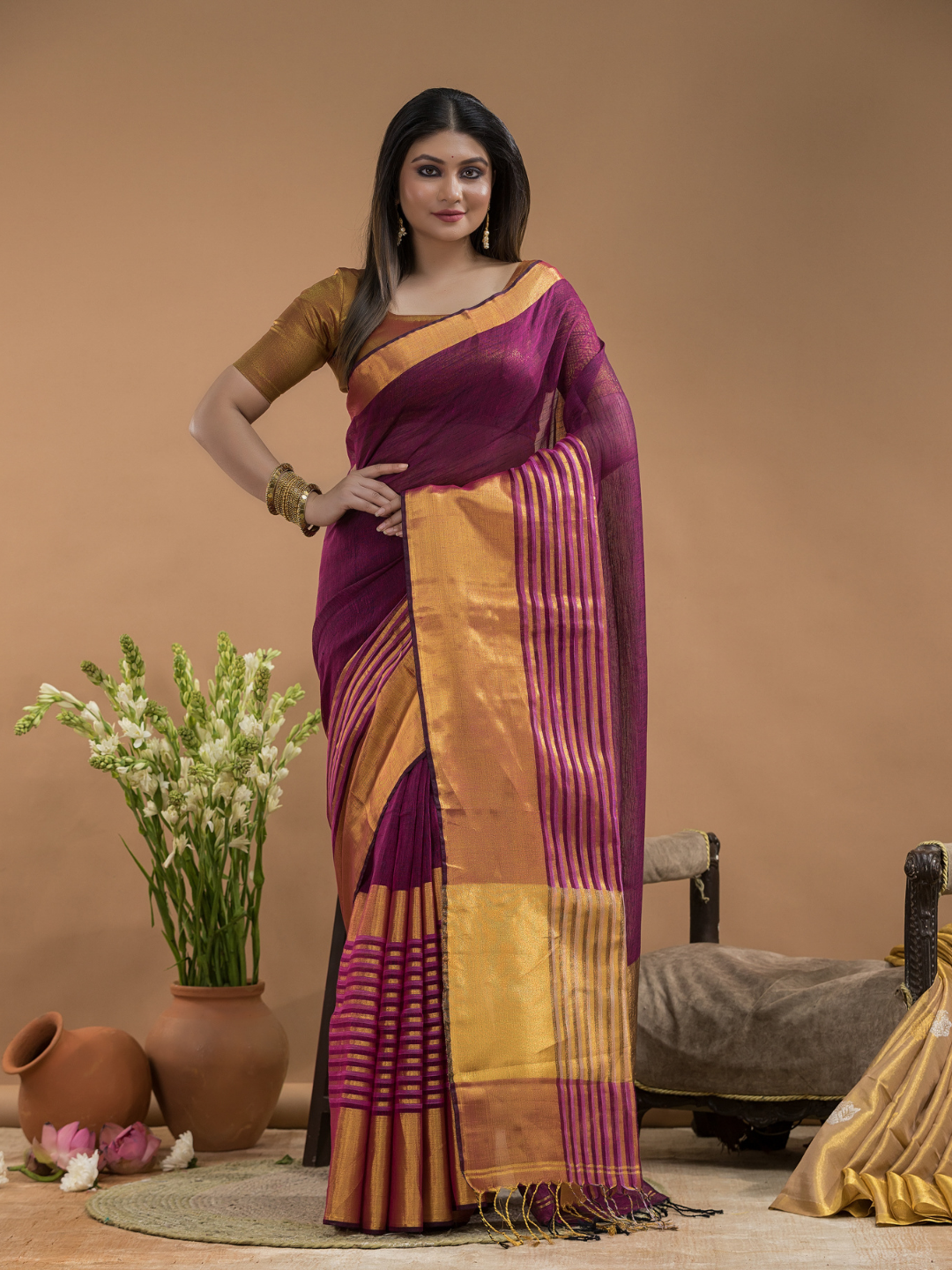 Tissue Silk Saree In Brick Red and Golden Border - 030