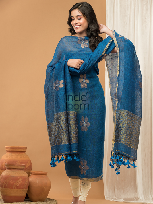 Cassic Blue color Jamdani 2-Piece Set Kurti & Dupatta (UNSTITCHED) - 158