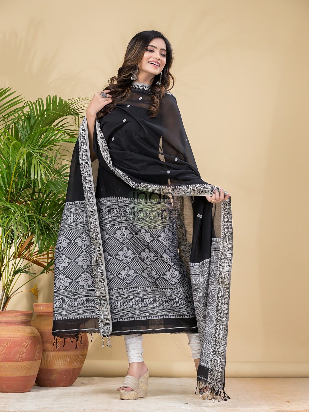 Coal Black Mercerised Cotton Baluchari 2-Piece Set Kurti Dupatta (UNSTITCHED)-889