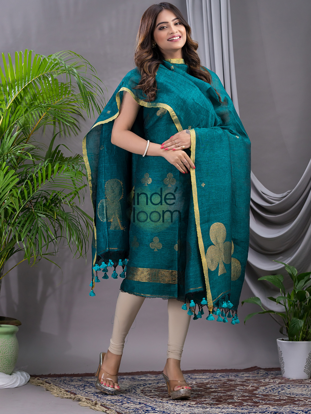 Teal Blue Cotton Linen 2-Piece Set Kurti & Dupatta (UNSTITCHED) - 121