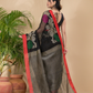 Coal Black Pure Linen Handloom Saree With Florals - 007