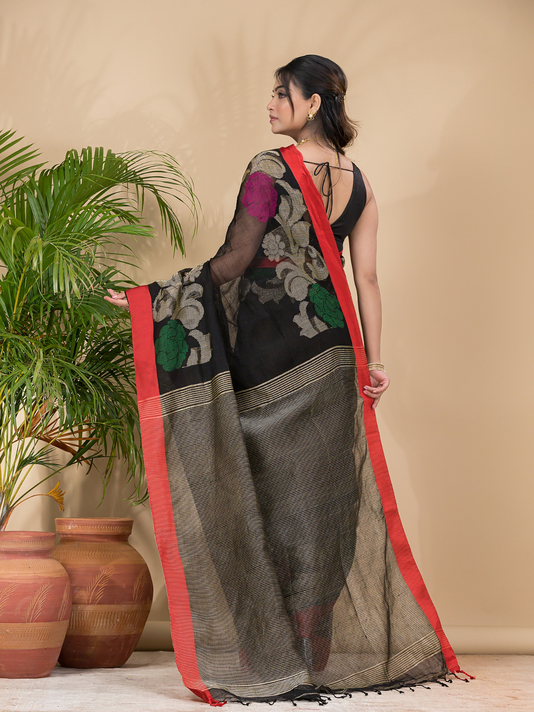 Coal Black Pure Linen Handloom Saree With Florals - 007