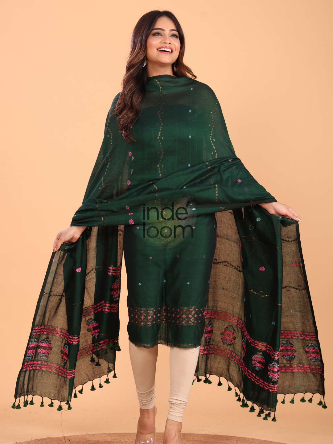 Dark Green 120 Count Cotton Jamdani 2-Piece Set Kurti & Dupatta (UNSTITCHED) - 091