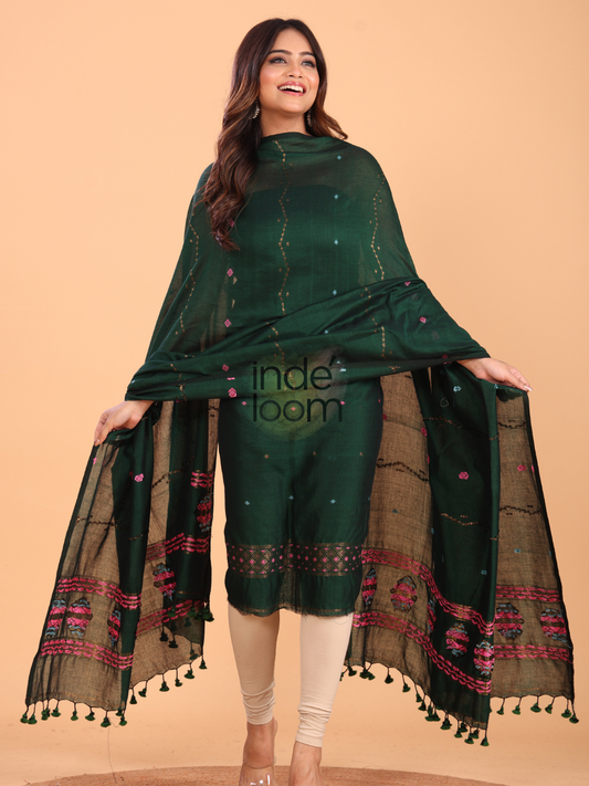 Dark Green 120 Count Cotton Jamdani 2-Piece Set Kurti & Dupatta (UNSTITCHED) - 091
