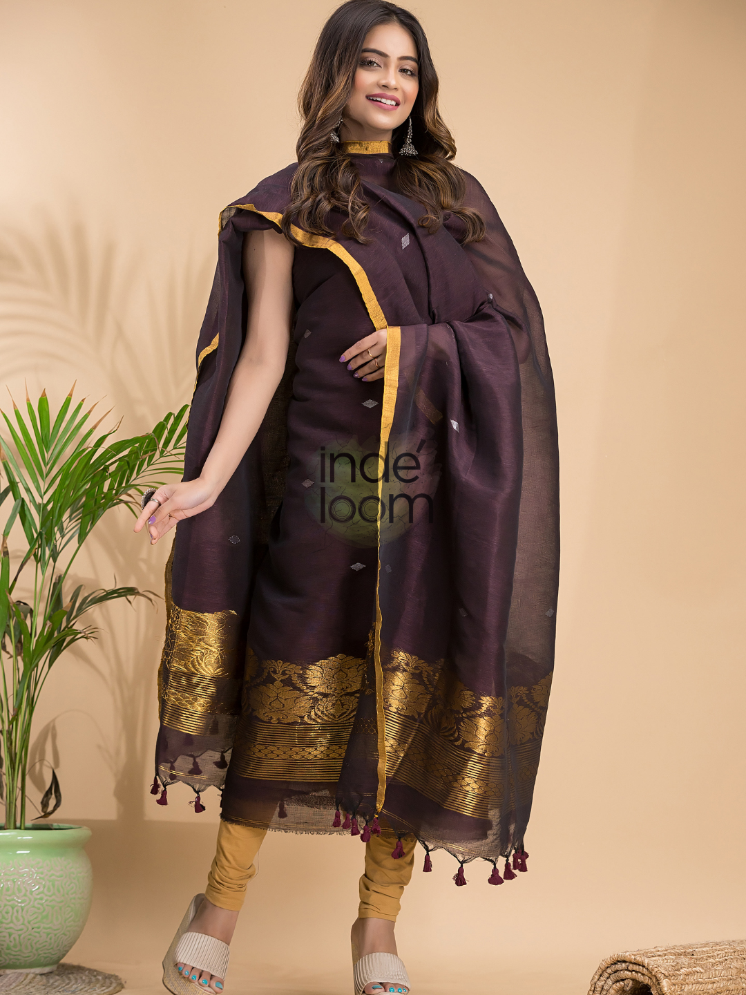Vintage Grape | Handloom Jamdani Linen Unstitched 2-Piece Kurti | Benaras Design
