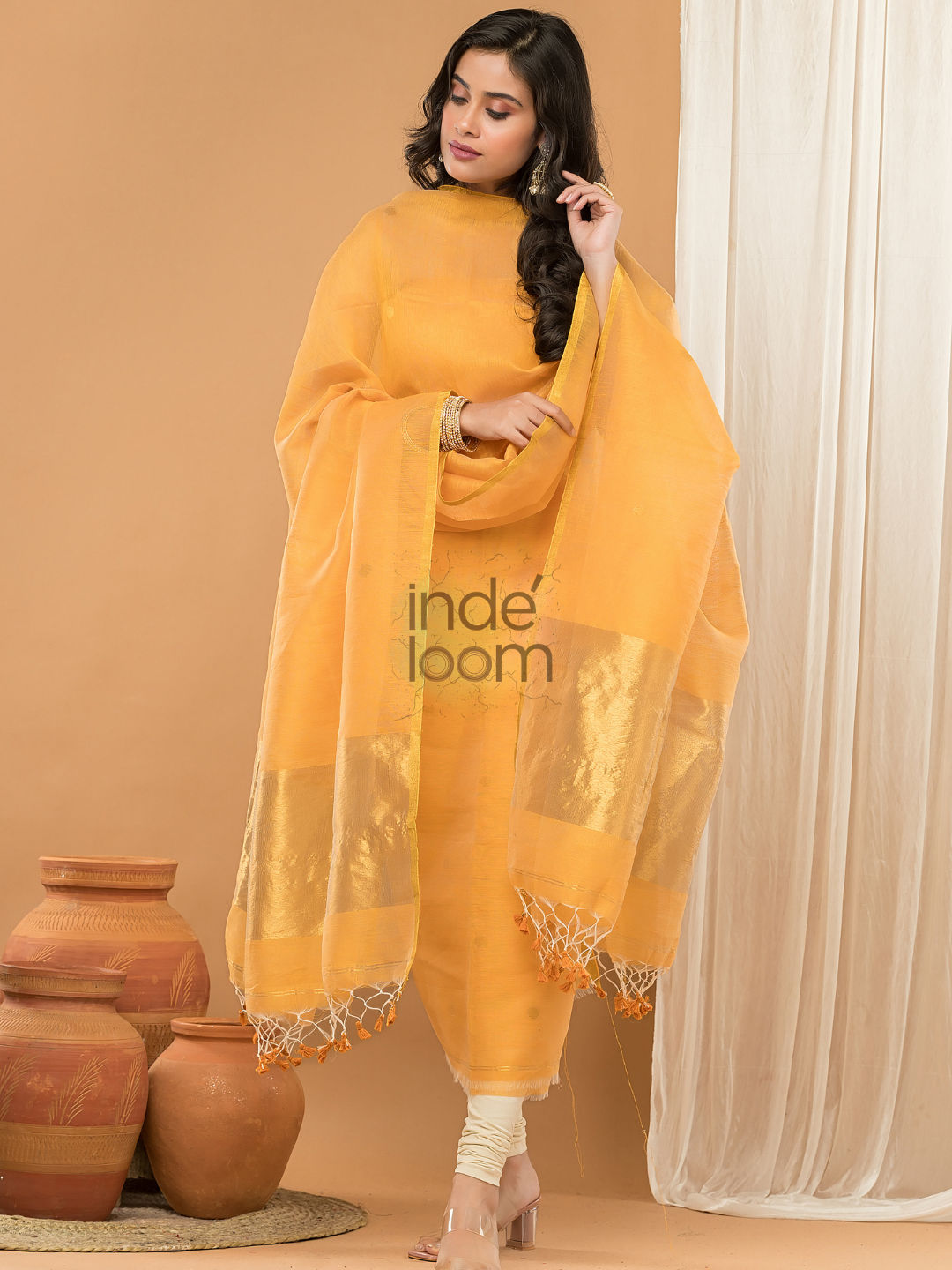 Linen Jamdani Unstitched 2-Piece Kurti  |  Marigold Yellow