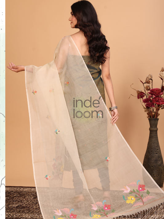 Pure Handloom Muslin Jamdani Dupatta With Light Brown - 038