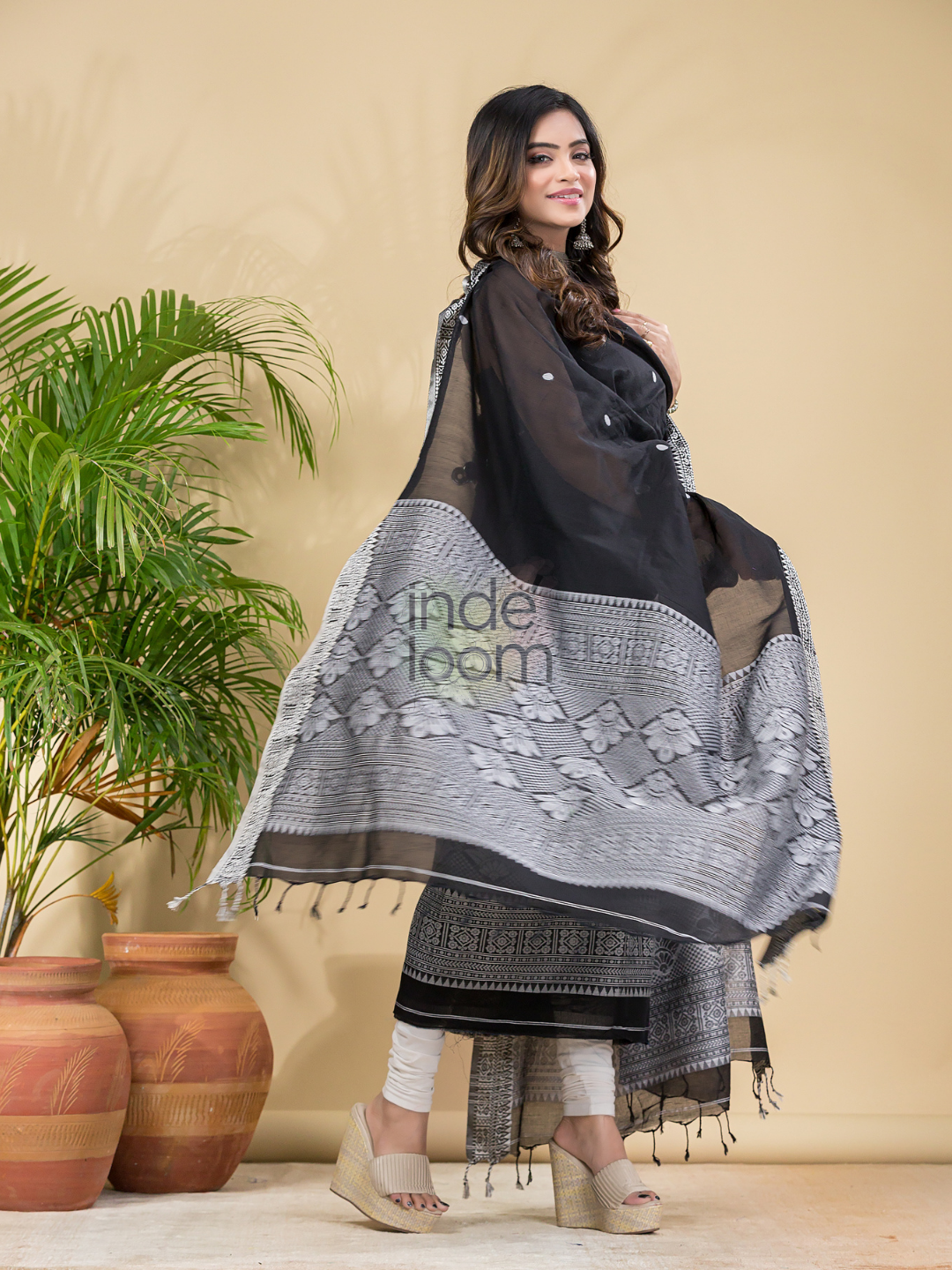 Coal Black Mercerised Cotton Baluchari 2-Piece Set Kurti Dupatta (UNSTITCHED)-889