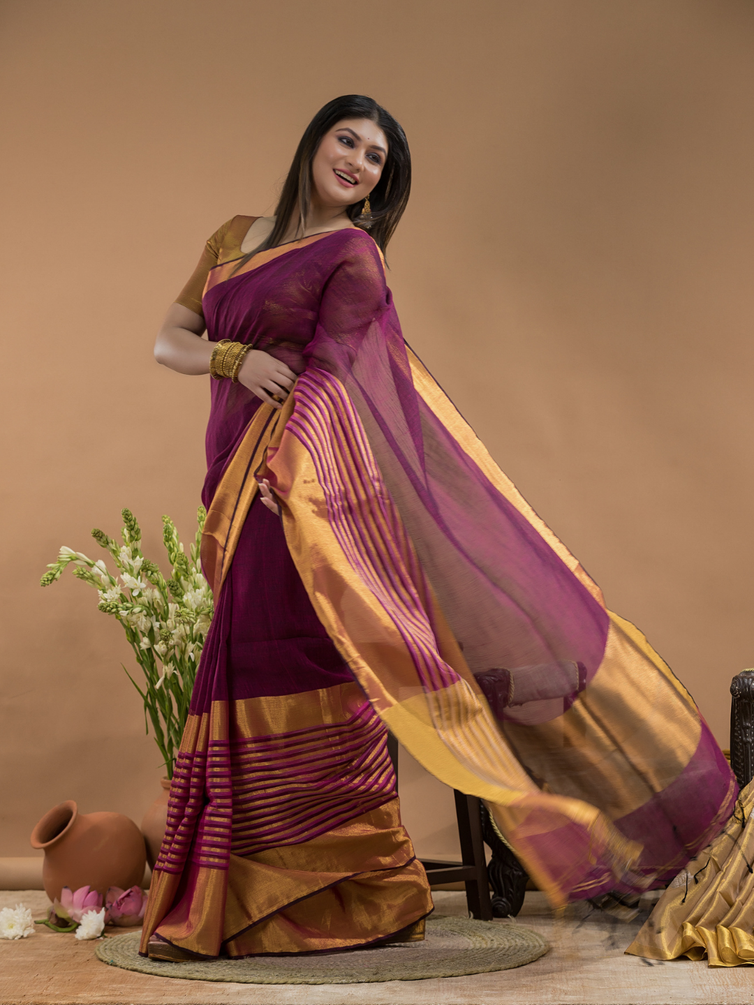 Tissue Silk Saree In Brick Red and Golden Border - 030