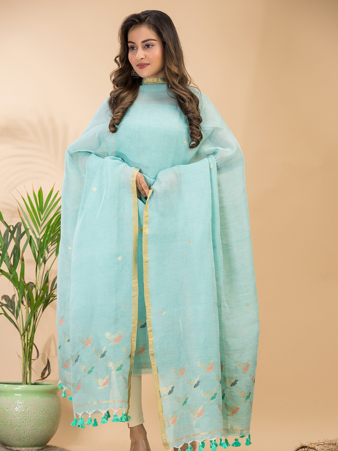 Sky Blue Cotton Linen 2-Piece Set Kurti & Dupatta (UNSTITCHED) - 117
