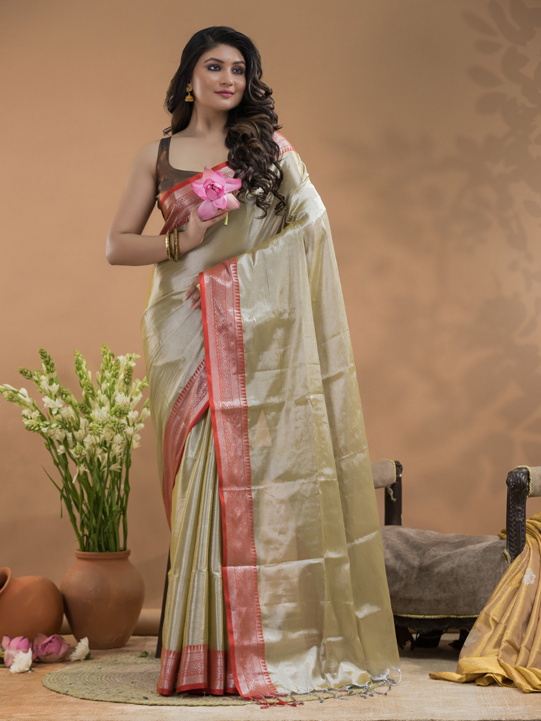 Tissue Silk Saree In Bone White and Red Border  - 023
