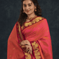 Pure handloom Korvai Silk Cotton Saree in Coral Pink Golden Pallu - 022