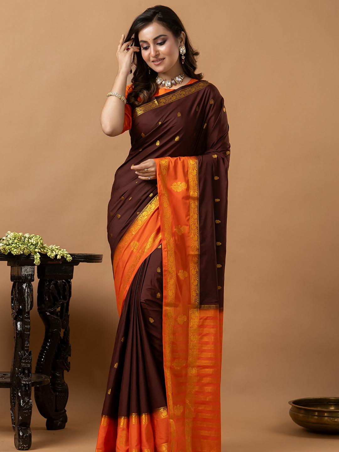 Classic Mysore Semi Silk Saree | Chocolate Brown
