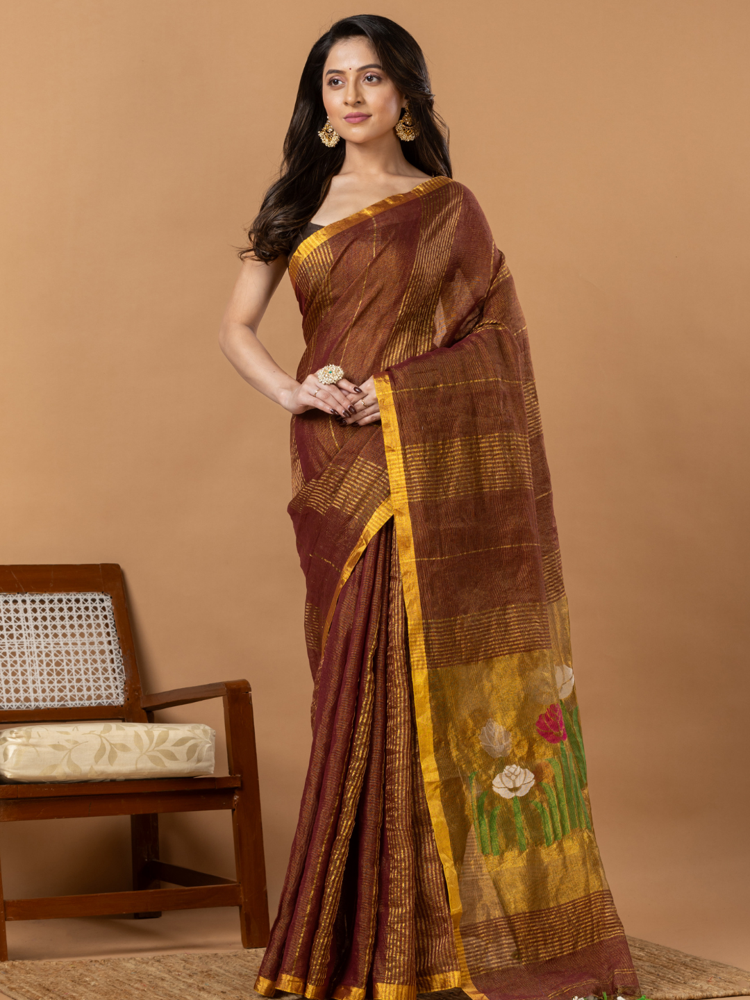 Handwoven Jamdani Silk Tissue Linen Saree | Copper Brown