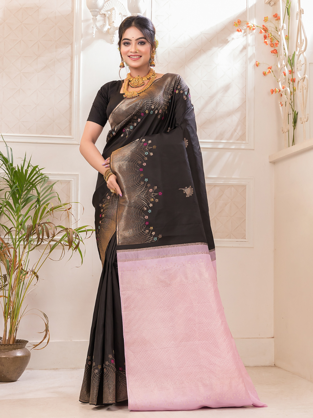Off Black Pure Silk Mark Certified 1 Gram Gold Kanjeevaram Saree - 038