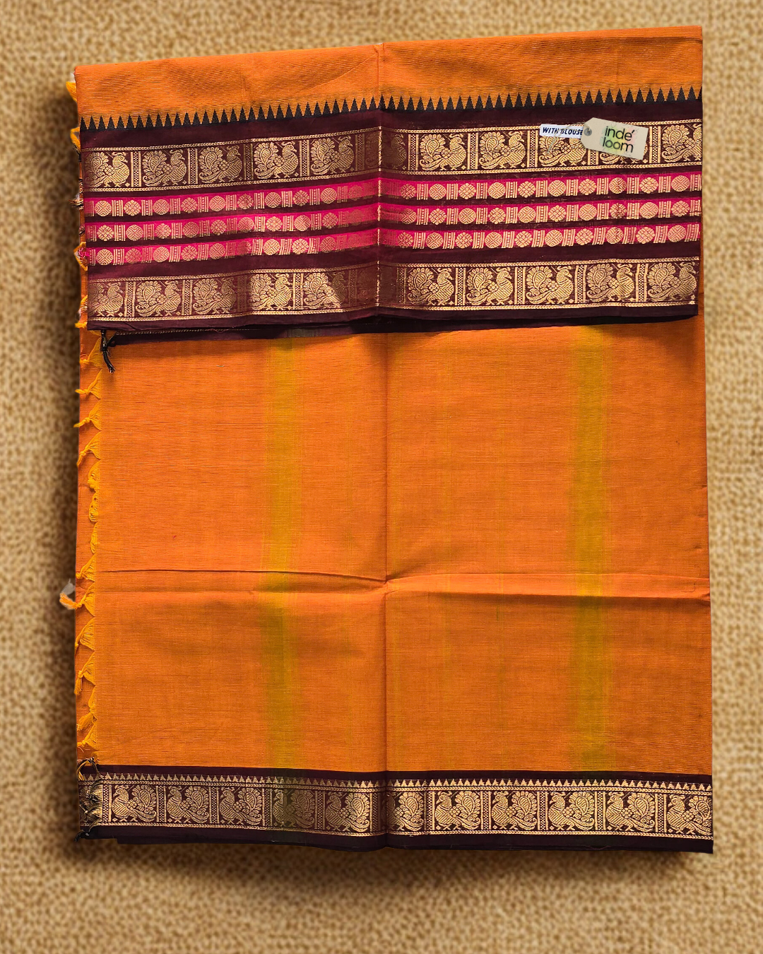 Kanchi Cotton|Marigold Yellow & Deep red/ pink