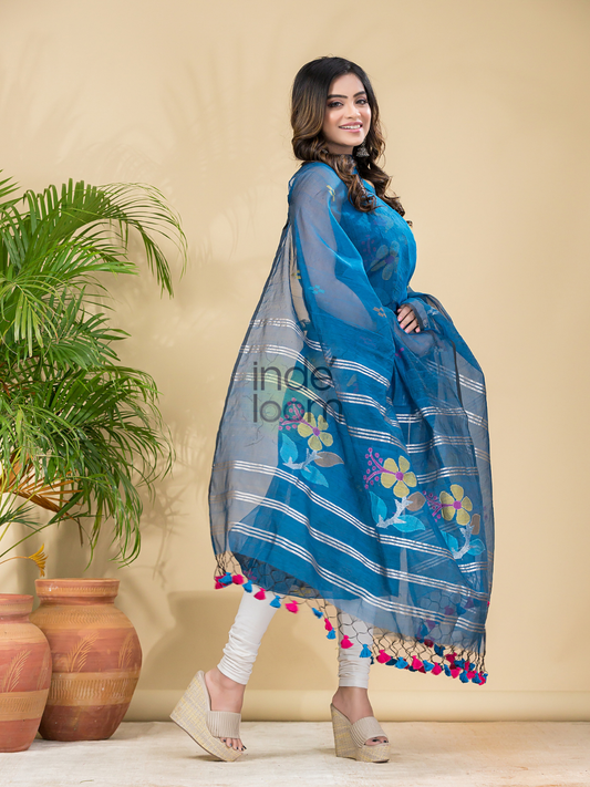 Sky Blue Muslin Jamdani 2-Pieces Kurti Set Dupatta (UNSTITCHED)-891