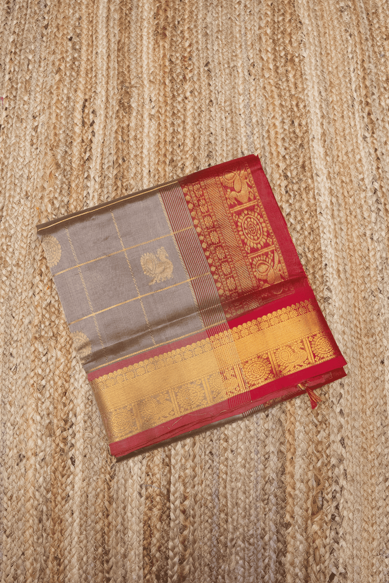 Pure Handloom Korvai Saree | Mayil-Chakram | Grey and Red