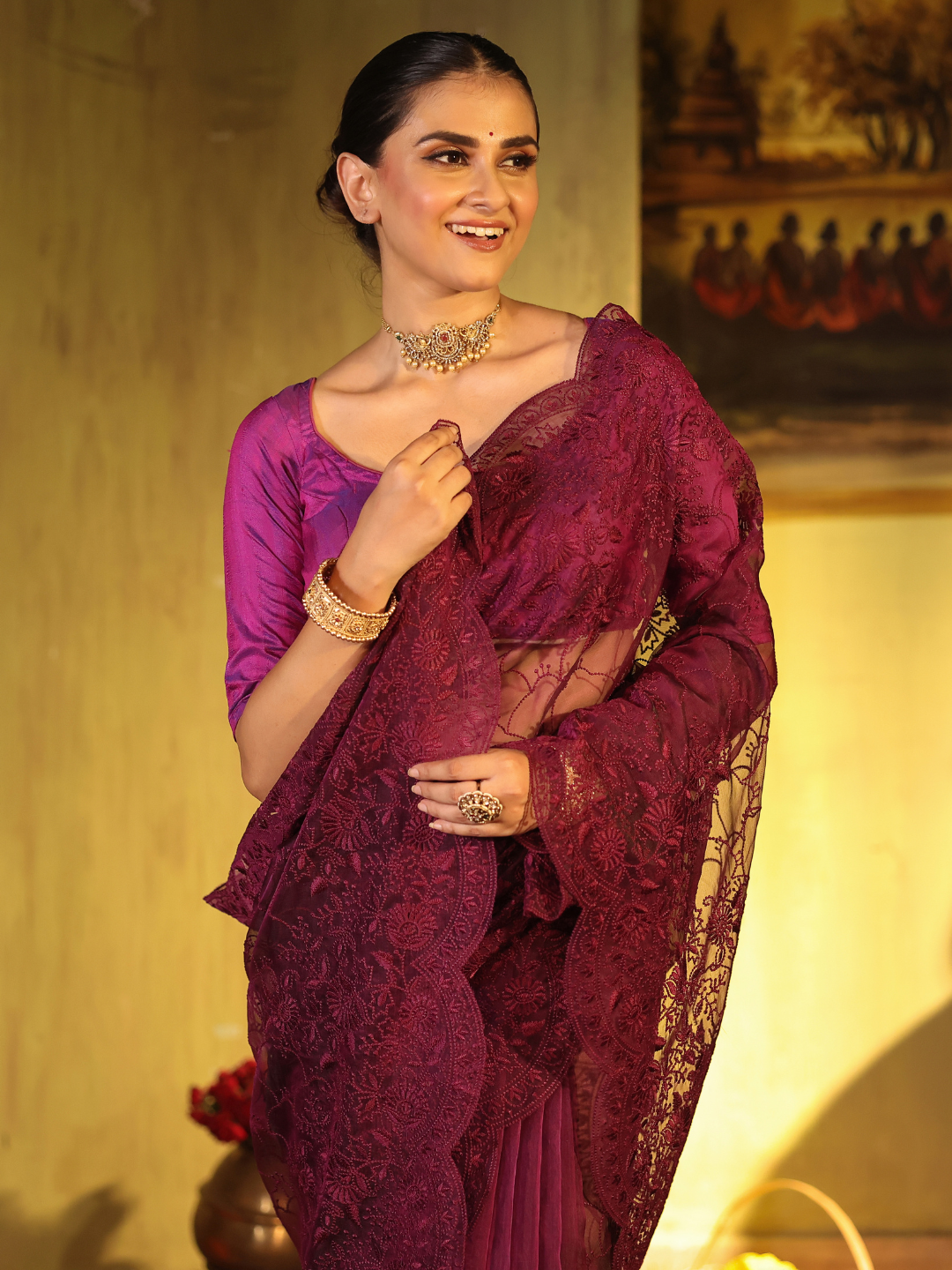 Organza Embroidery Saree With Magenta - 001