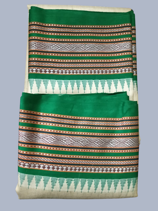 Forest Green  Handloom Vidarbha Tussar Silk Saree with Multicolor Contrast Border -002