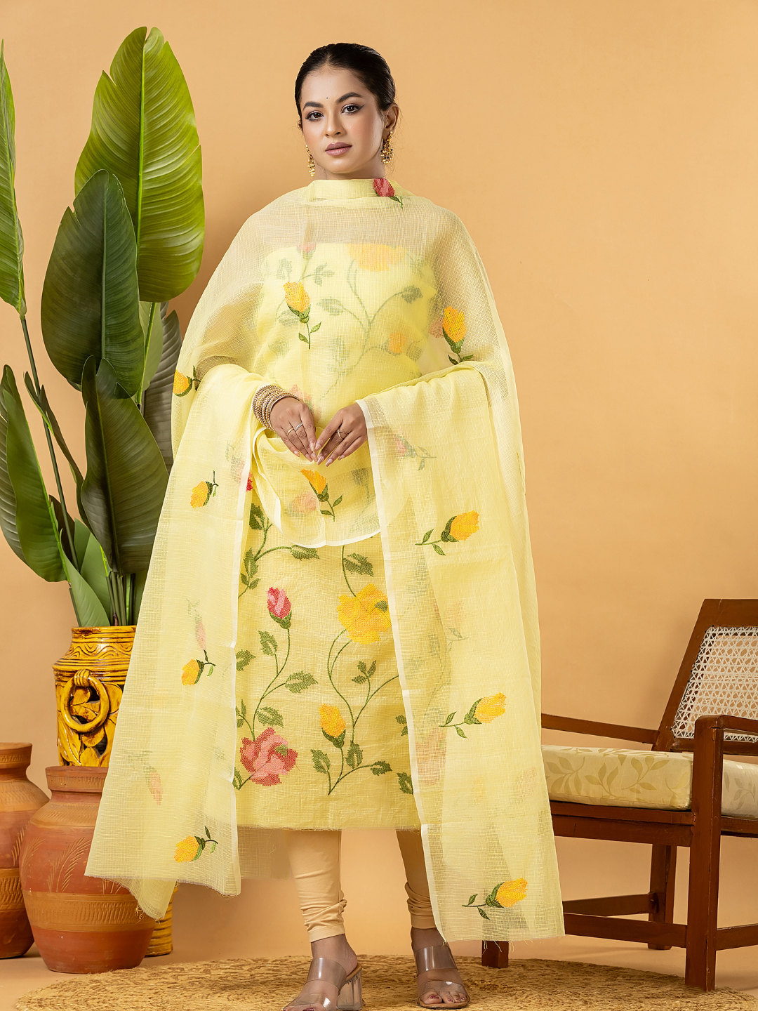 Classic Kota Doria Cotton Unstitched 2-Piece Kurti | Lemon Yellow