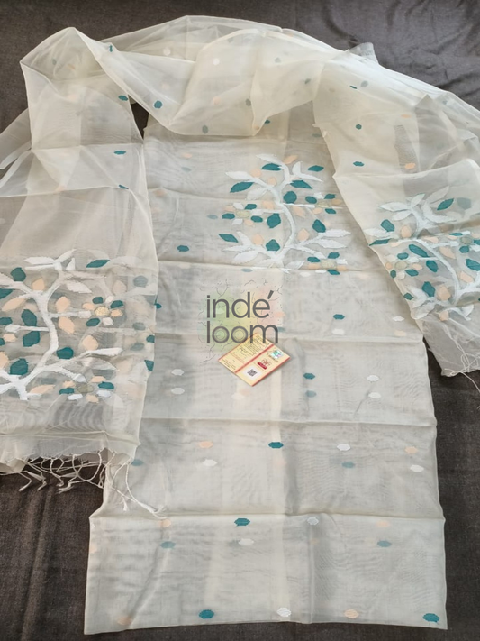 Muslin Jamdani 2-Piece Set Kurti & Dupatta (UNSTITCHED) Salt White -952
