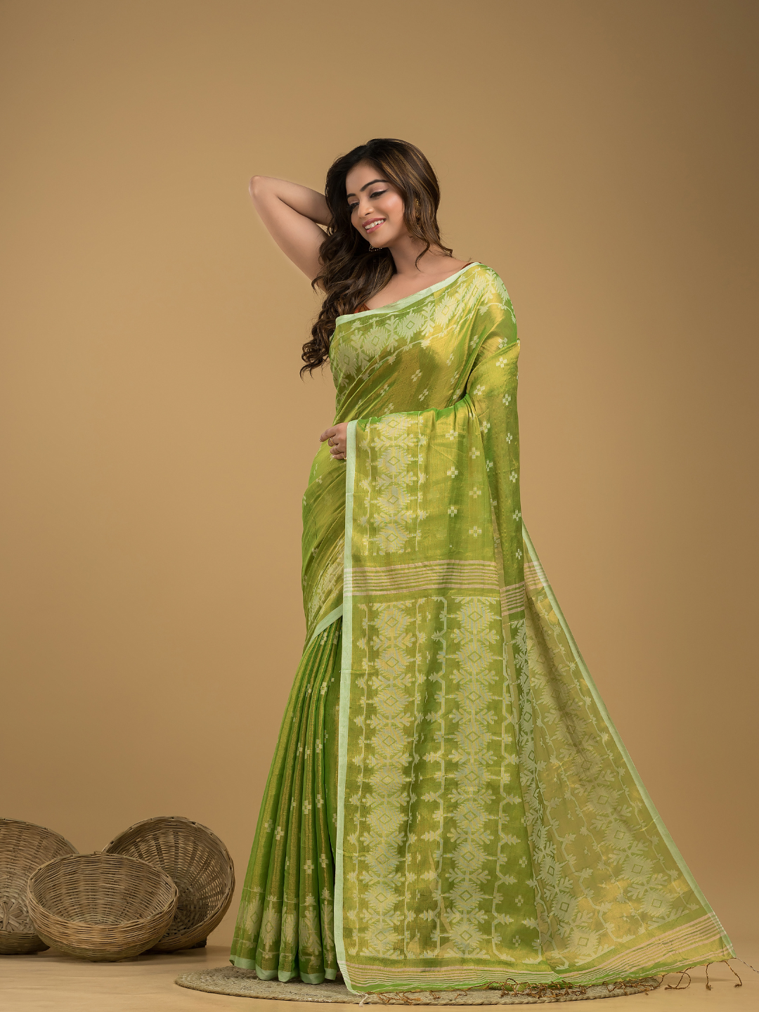 Tissue Silk Jamdani Saree Olive Green -043