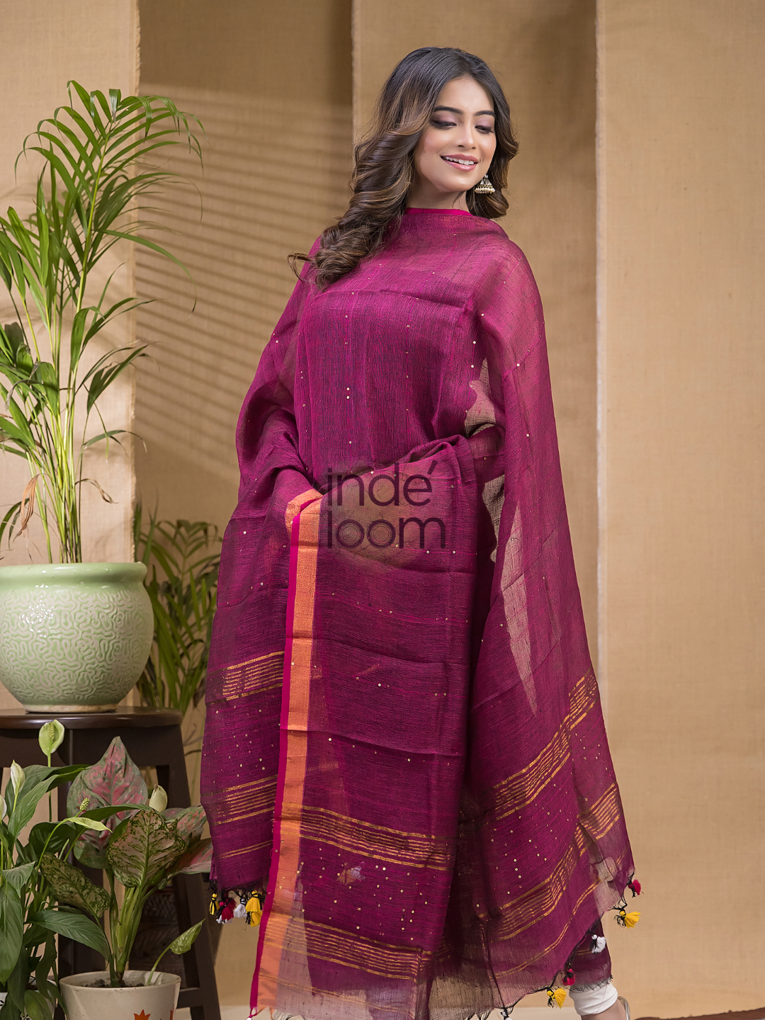 Peach Pink Pure Linen Sequin Suit 2 Piece Set Kurti & Dupatta (UNSTITCHED) -645