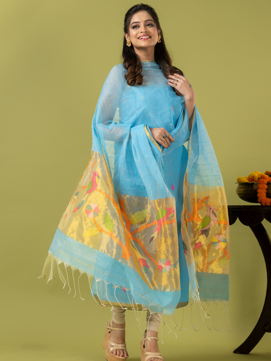 Handwoven Jamdani Muslin Unstitched 2-piece Kurti | Sky Blue