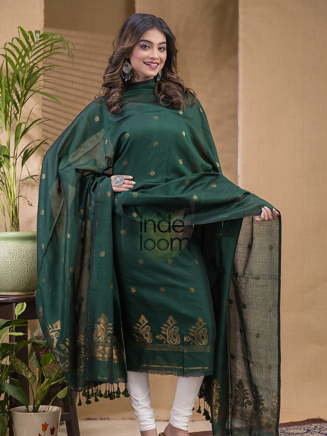 Emerald Green Natural Dye Cotton by Cotton (100 Count Soft Cotton) 2 Piece Set Kurti & Dupatta (UNSTITCHED) -0650