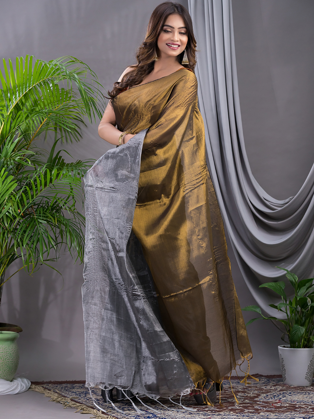 Tissue Silk Saree With Olive Green - 009