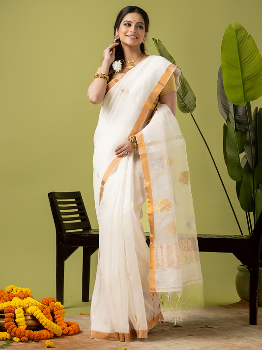 Pure Jamdani Linen Saree | Snow White  and White  | Half and Half style with Contrast Border