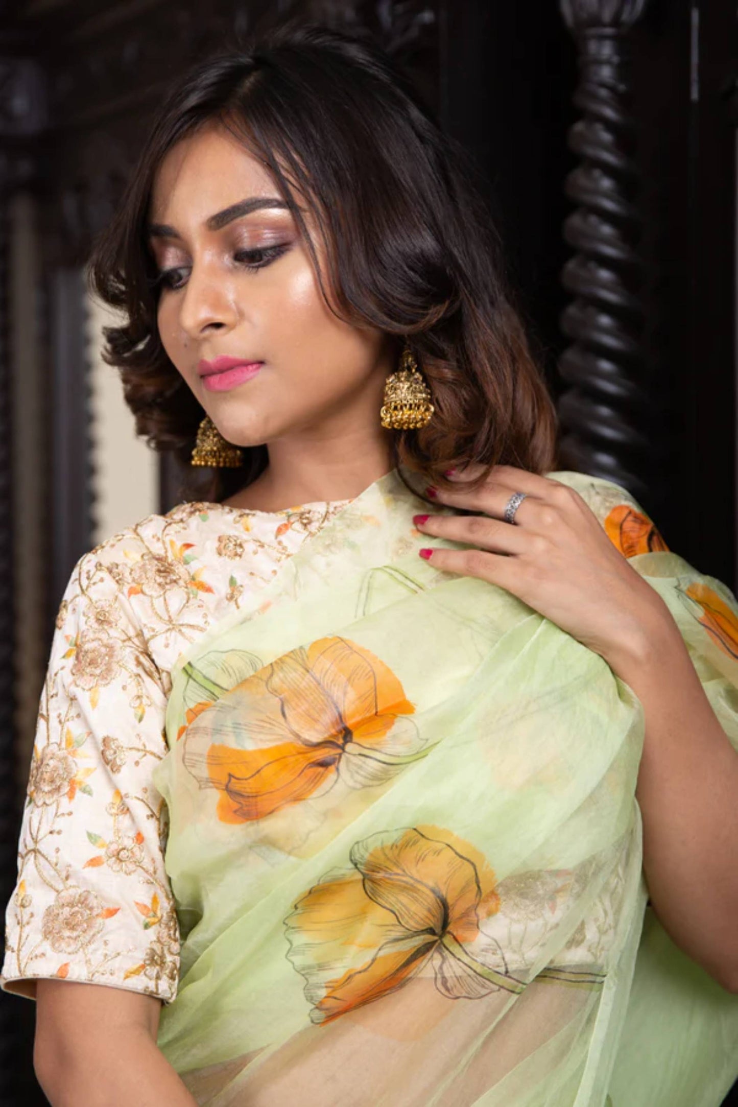 Poppy Vector Handpainting on a Pastel Green-Organza Hand-painted Sari-022