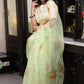 Poppy Vector Handpainting on a Pastel Green-Organza Hand-painted Sari-022