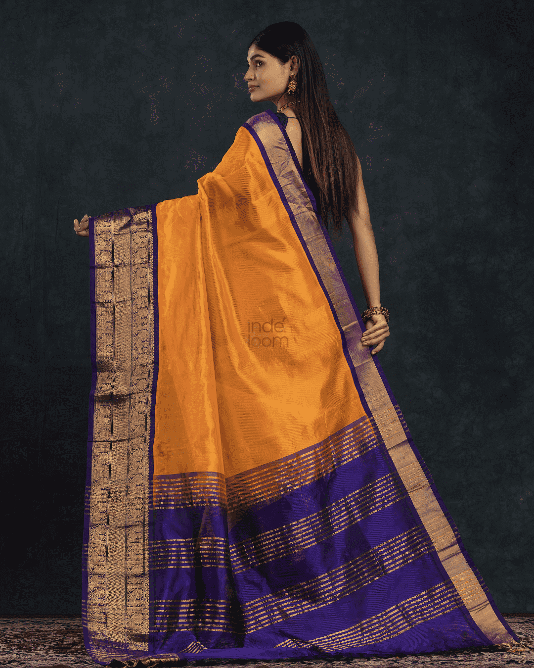 Pure handloom Korvai Silk Cotton Saree in Golden Yellow and Golden Purple Border - 050