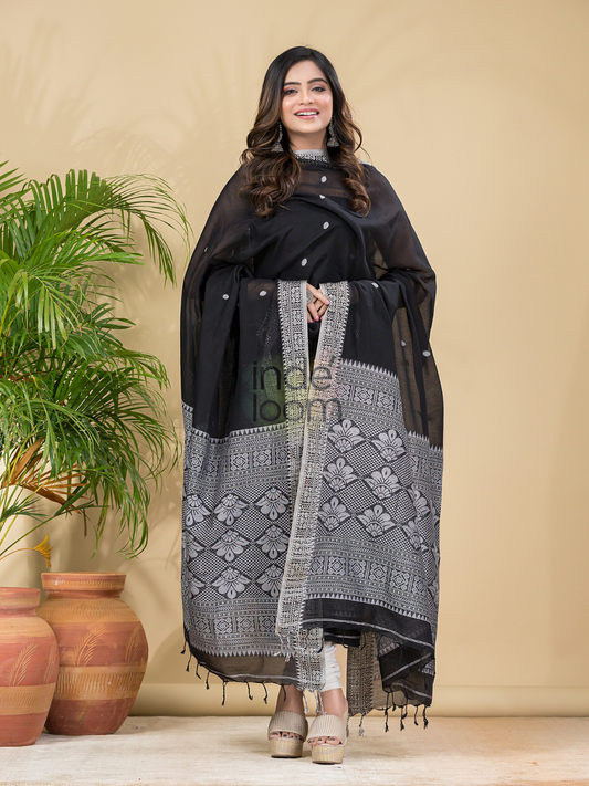 Coal Black Mercerised Cotton Baluchari 2-Piece Set Kurti Dupatta (UNSTITCHED)-889