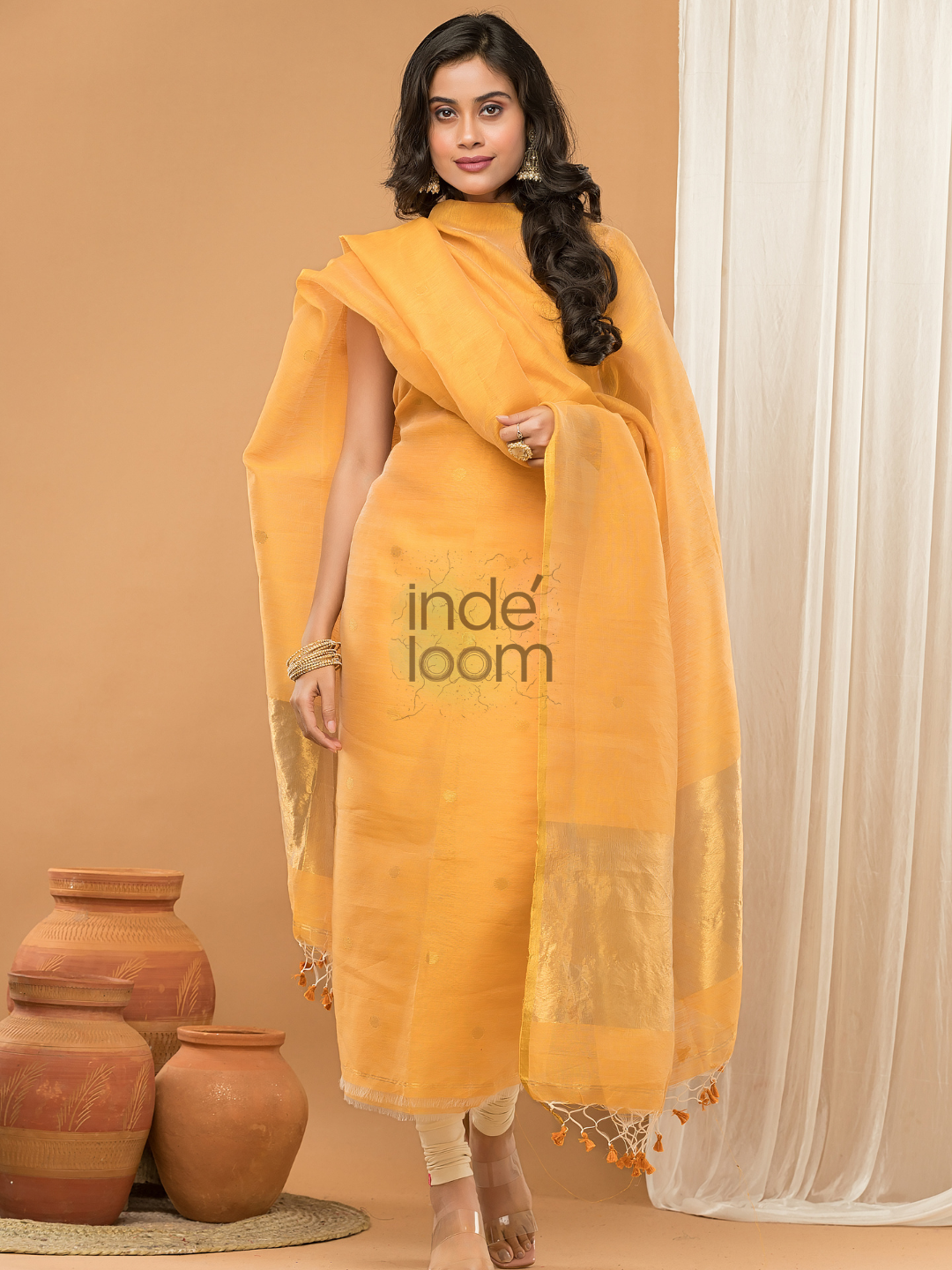 Linen Jamdani Unstitched 2-Piece Kurti  |  Marigold Yellow